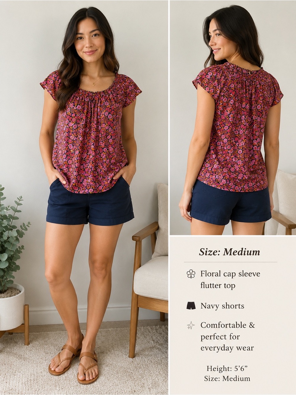 GAP Wine Floral Cap-Sleeve Flutter Top
